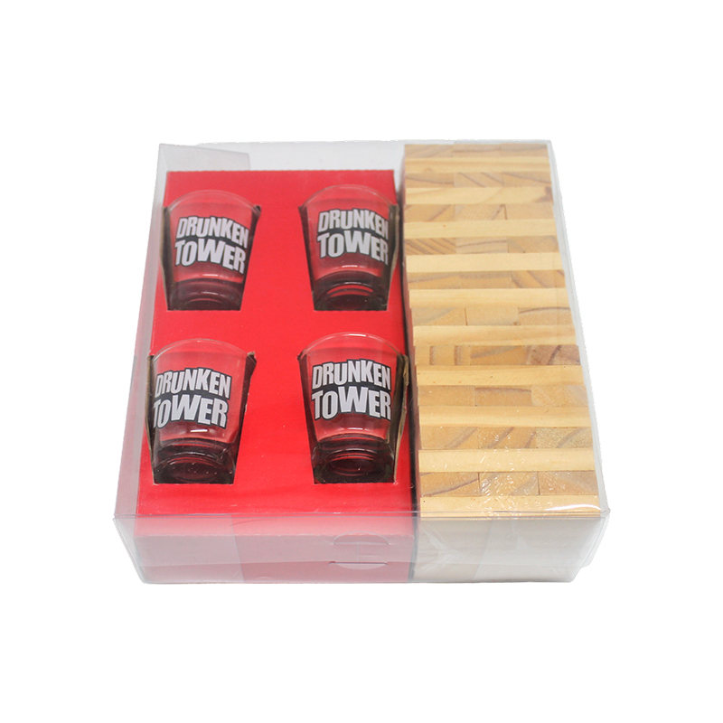 Conjunto Jenga de madeira com copos de shot
