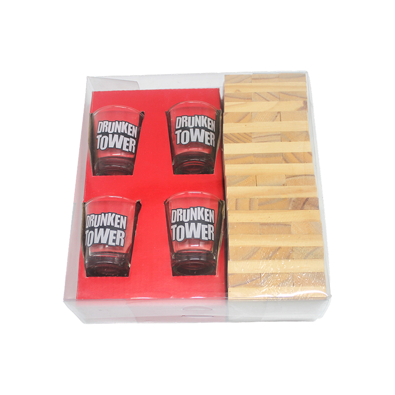 Conjunto Jenga de madeira com copos de shot