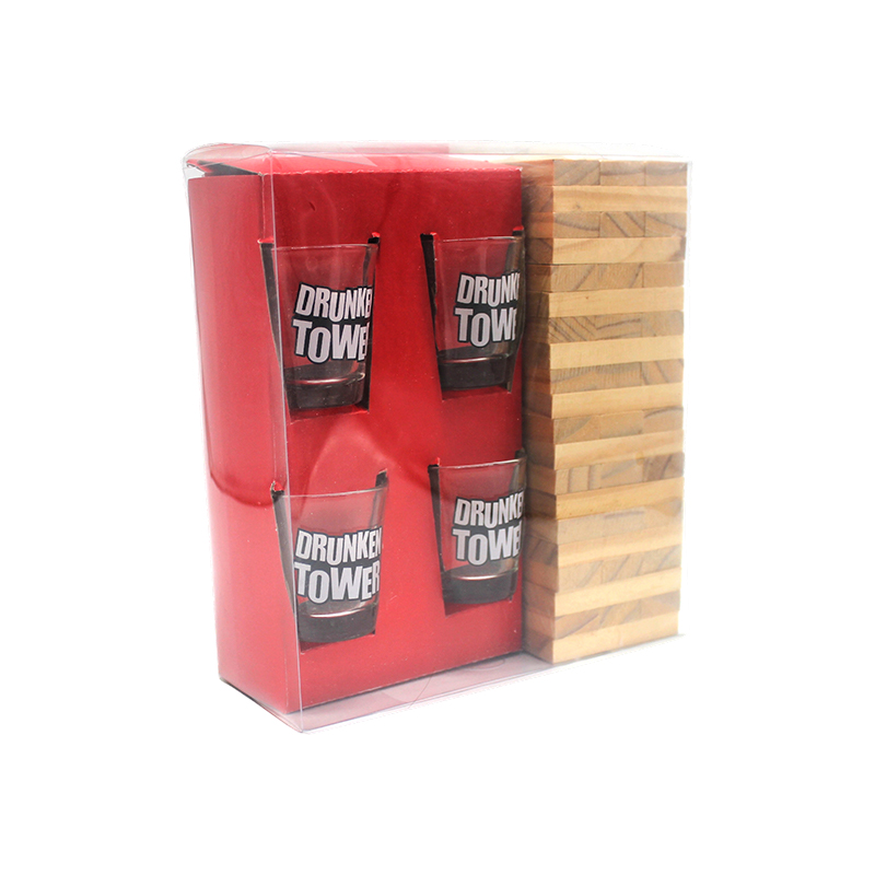 Conjunto Jenga de madeira com copos de shot