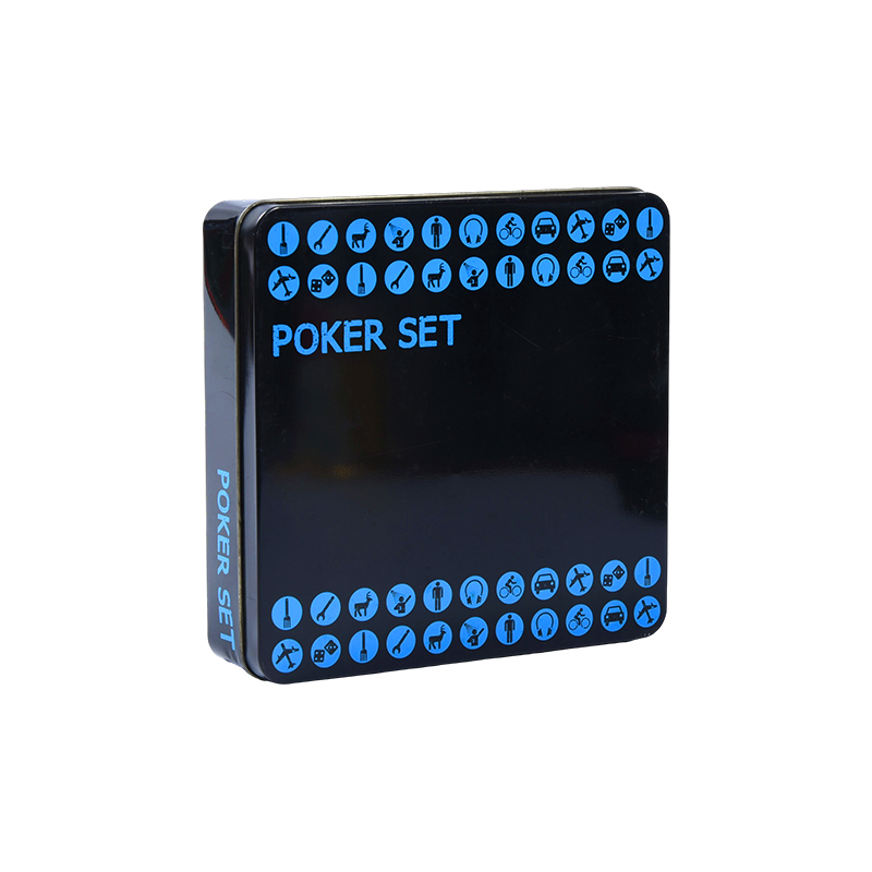 Conjunto de pôquer preto em lata de metal – completo com fichas, cartas e acessórios