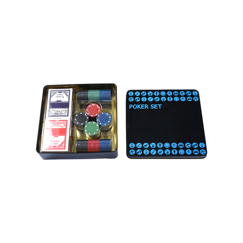 Conjunto de pôquer preto em lata de metal – completo com fichas, cartas e acessórios