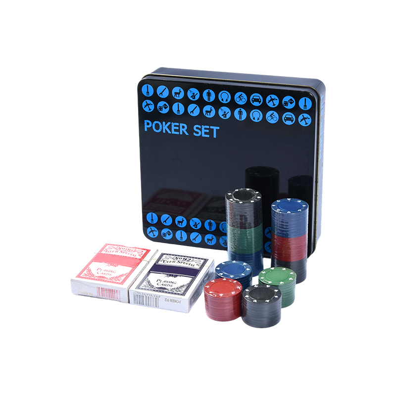 Conjunto de pôquer preto em lata de metal – completo com fichas, cartas e acessórios