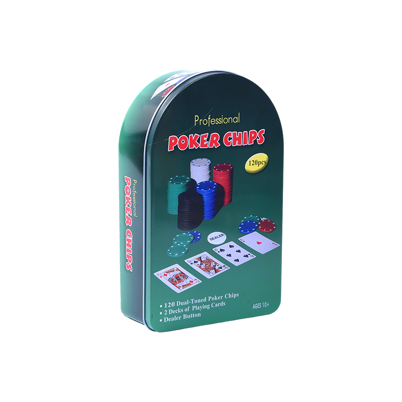 Lata de metal arqueada verde 120 fichas com cartas e botão de revendedor conjunto de fichas de pôquer profissional