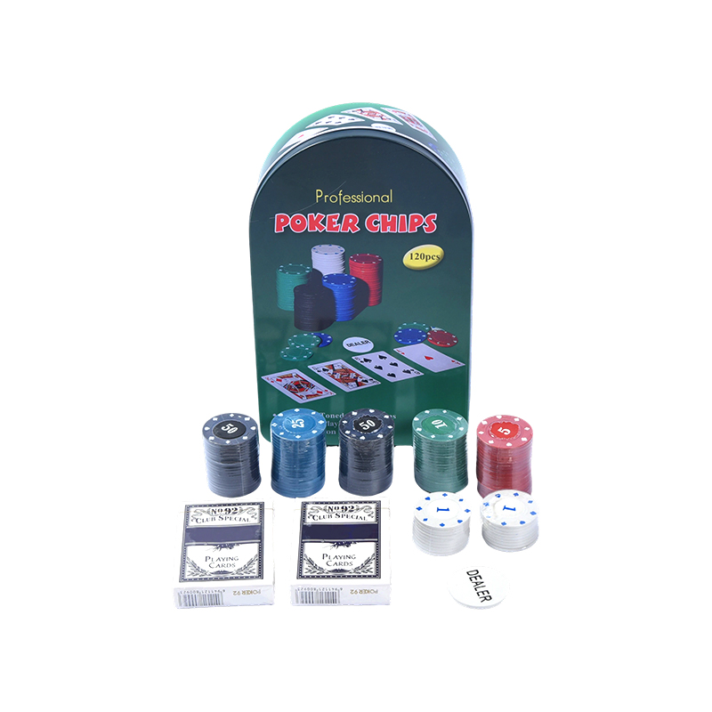 Lata de metal arqueada verde 120 fichas com cartas e botão de revendedor conjunto de fichas de pôquer profissional