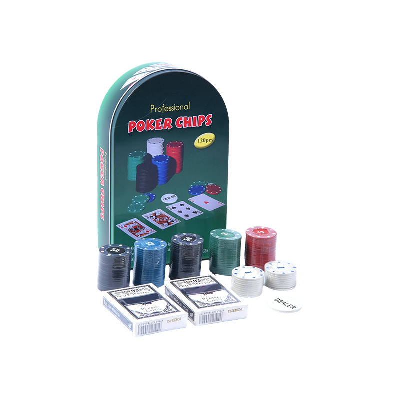 Lata de metal arqueada verde 120 fichas com cartas e botão de revendedor conjunto de fichas de pôquer profissional