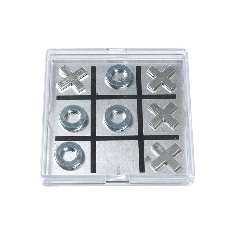 Conjunto Tic-Tac-Toe de metal magnético em caixa de acrílico transparente