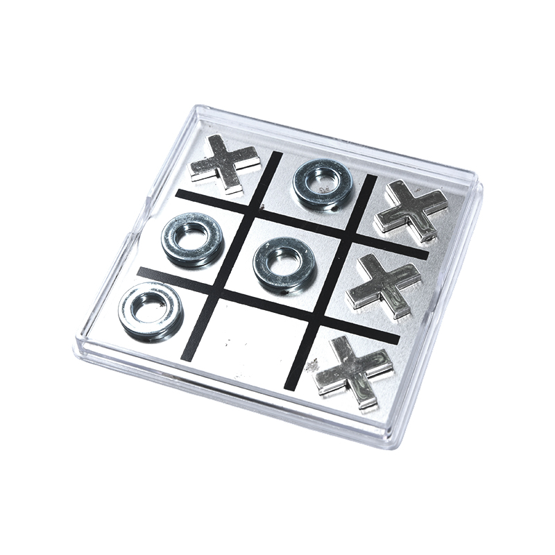 Conjunto Tic-Tac-Toe de metal magnético em caixa de acrílico transparente