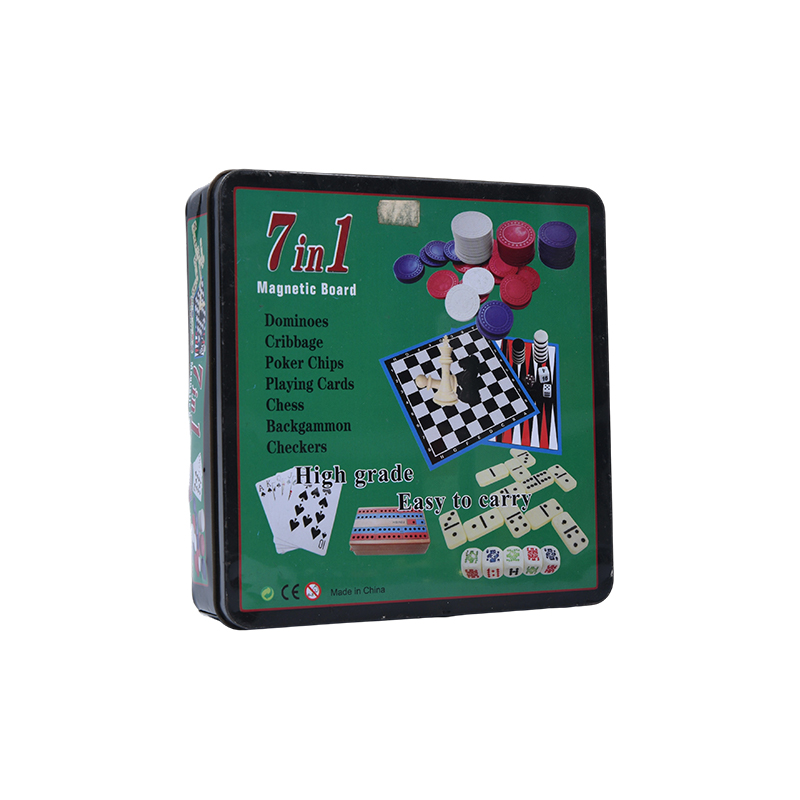 Conjunto de jogos de tabuleiro magnético 7 em 1 com caixa de lata de metal