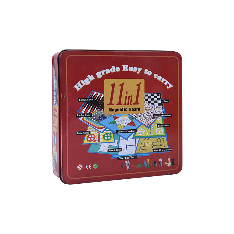 Jogo de tabuleiro magnético 11 em 1 em lata de metal vermelho