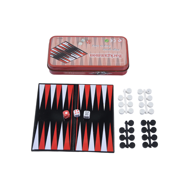 Conjunto de jogos de gamão portátil com caixa de lata de metal