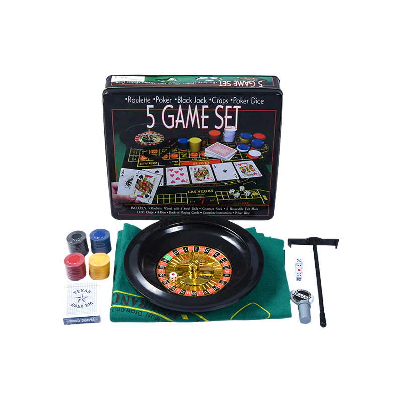 Conjunto de jogos de cassino 5 em 1 - roleta, pôquer, black jack, dados e dados de pôquer em lata de metal