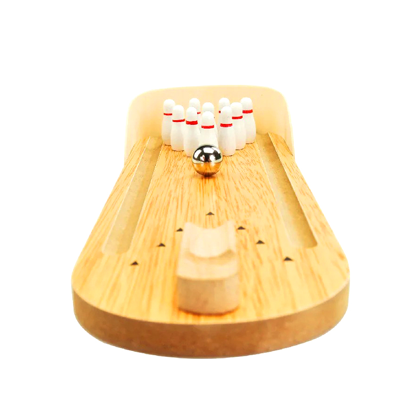 Conjunto compacto de madeira com bola de aço e pinos Mini jogo de boliche de mesa