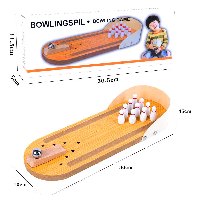 Conjunto compacto de madeira com bola de aço e pinos Mini jogo de boliche de mesa