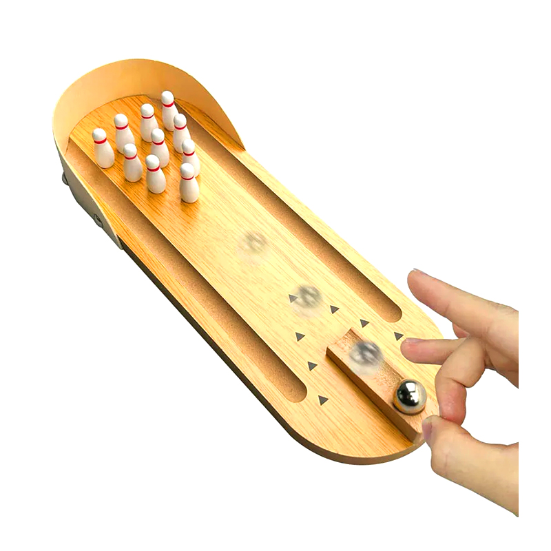 Conjunto compacto de madeira com bola de aço e pinos Mini jogo de boliche de mesa