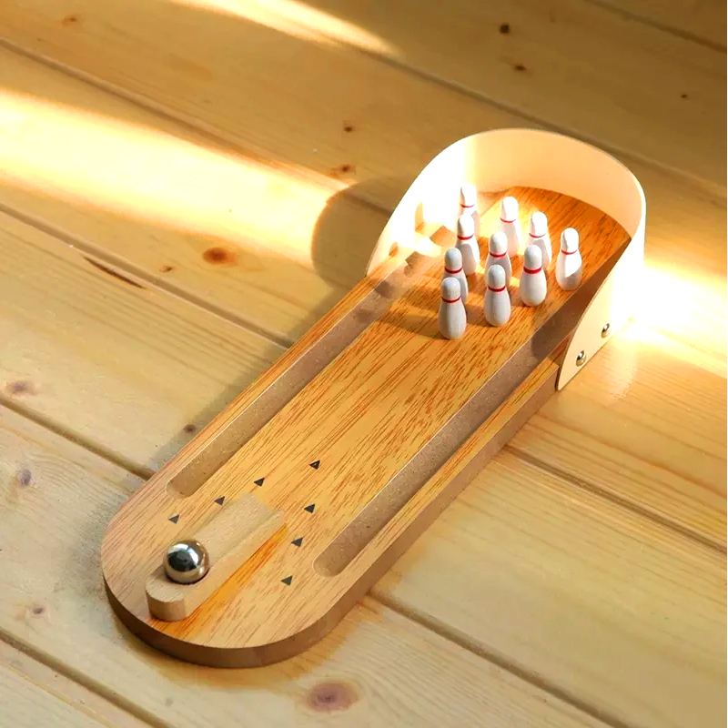 Conjunto compacto de madeira com bola de aço e pinos Mini jogo de boliche de mesa