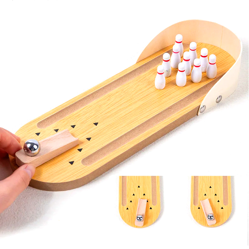 Conjunto compacto de madeira com bola de aço e pinos Mini jogo de boliche de mesa
