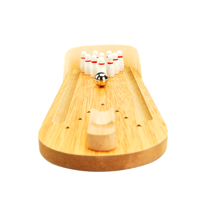 Conjunto compacto de madeira com bola de aço e pinos Mini jogo de boliche de mesa