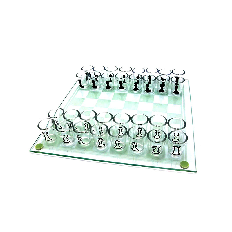 Tabuleiro de xadrez de vidro com 32 copos de shot com peças de xadrez Conjunto de copos de shot com tema de xadrez