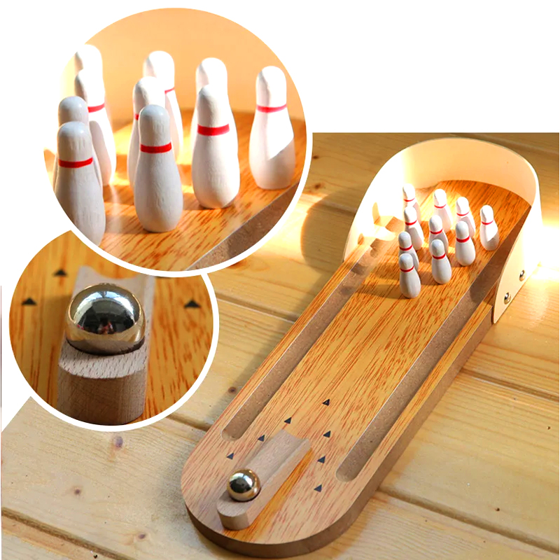 Conjunto compacto de madeira com bola de aço e pinos Mini jogo de boliche de mesa