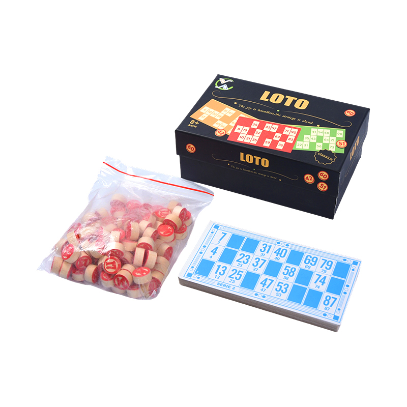 Conjunto de jogos LOTO (estilo bingo) – completo com fichas, cartões e caixa de armazenamento