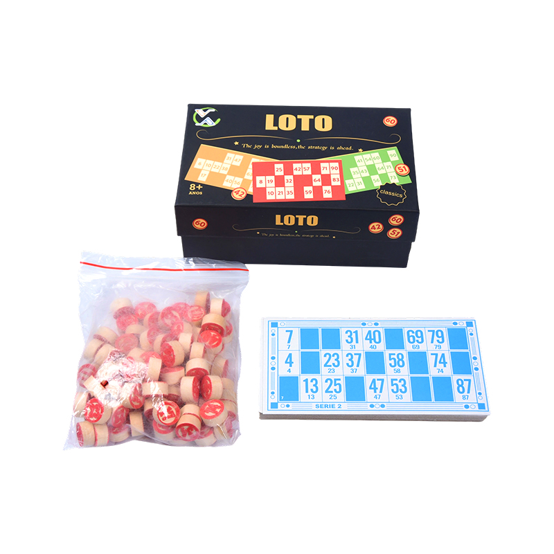 Conjunto de jogos LOTO (estilo bingo) – completo com fichas, cartões e caixa de armazenamento